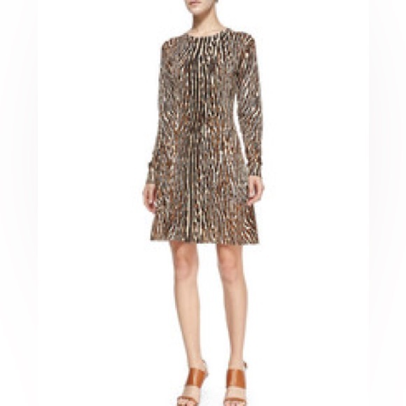 Michael Kors Brown Leopard Print Long Sleeve Flared Dress Medium NWT - Picture 1 of 10